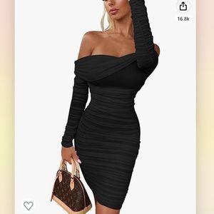 GOKATOSAU Long Sleeve Off Shoulder Midi Dress
